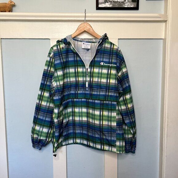 Champion Nylon Plaid Stadium Packable 1/4 Zip Pullover Windbreaker Jacket Mens M - Picture 1 of 12